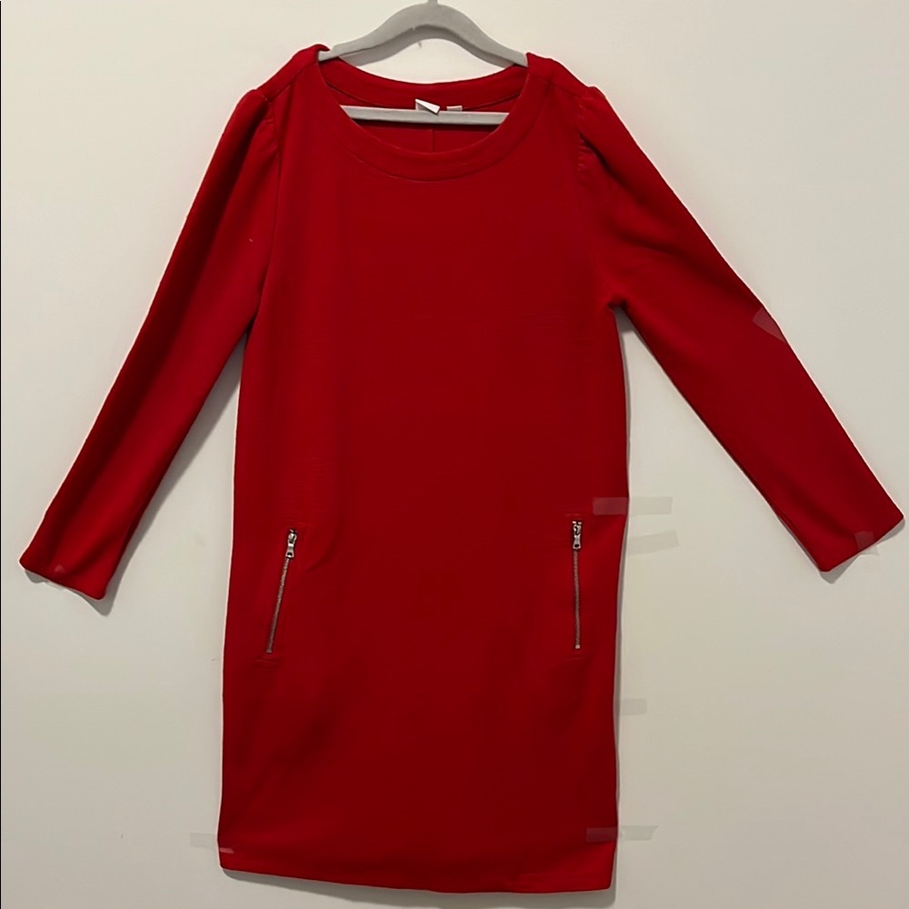 Red Long Sleeve Dress with Zipper Pockets